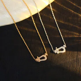 Feidan gold and silver horseshoe half diamond necklace-3774  
